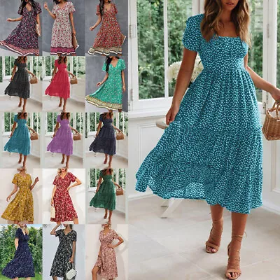 Buy Womens Boho Floral Midi Dress Ladies Summer Short Sleeve Beach Holiday Sundress • 3.29£
