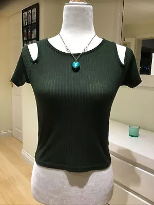 Buy Ladies Topshop Green Cut Out Shoulder Ribbed T-Shirt. Size UK 8 EUR 36 • 5£