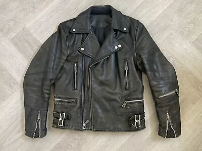 Buy Vintage Black Slim Men's Leather Biker Jacket M 38 Distressed Festival Punk Rock • 39.99£