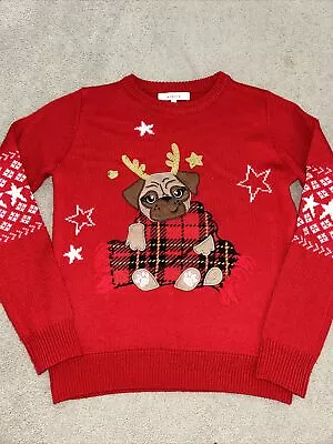 Buy Next Woman’s Size 8 Pug Christmas Xmas Jumper Red Knitted  • 5£
