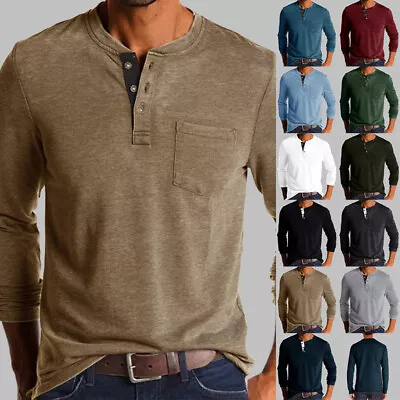 Buy Mens Long Sleeve Henley T-shirt Grandad V Neck Casual Button Solid Shirt Tops • 13.99£