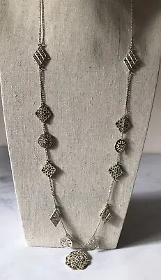 Buy Long Silvertone Charm Necklace Boho Arty Festival Overhead Sparkly Jewellery • 7£