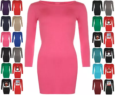 Buy Womens Long Sleeve Stretch Plain Round Scoop Neck T Shirt Top • 7.09£