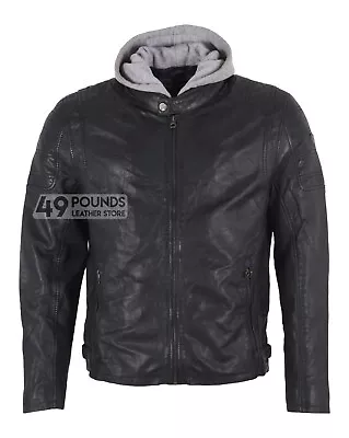 Buy Mens Hooded Leather Jacket Black Fashion Biker Style Printed Lining Hood Jacket • 49£