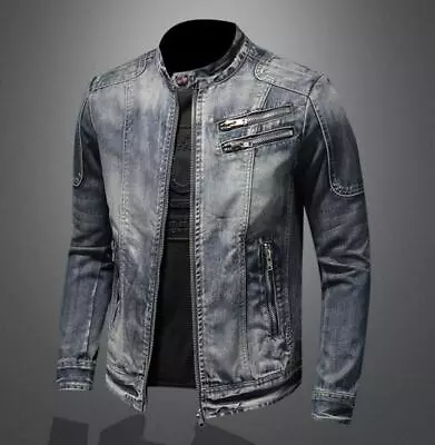 Buy Men's Blue Denim Jean Jacket Zipper Band Collar Motorcycle Coat Zipper Pocket • 37.19£