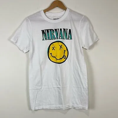 Buy Nirvana T-Shirt Women’s Medium NWOT White Smiley Face Nevermind Kurt Cobain • 11.37£