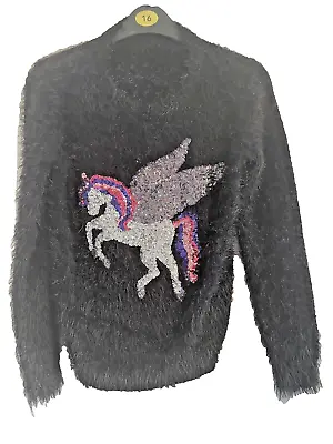 Buy CHRISTMAS JUMPER CHILDS BLACK WITH UNICORN DESIGN 10years • 3.99£