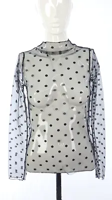 Buy Mesh Sheer Top Blouse Polka Dot Black Dobby Long Sleeve High Neck Going Out XS • 9.99£