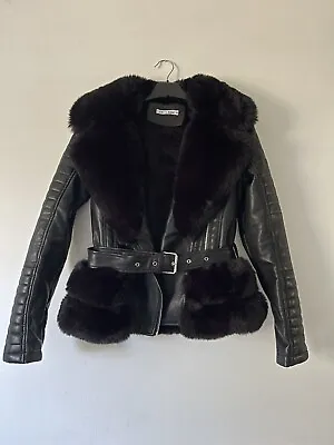 Buy Womens Black Premium Pu Faux Fur Jacket Size S(6-8) • 31£