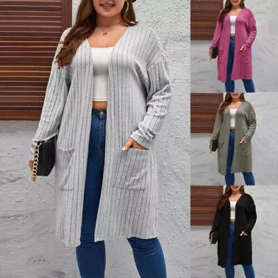 Buy Womens Ribbed Front Open  Cardigan Ladies SolidLong Jacket Coat Plus Size 20-28 • 16.79£