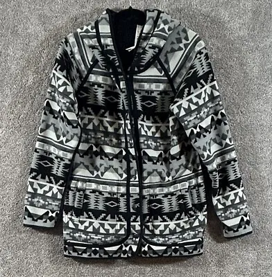 Buy Eddie Bauer Jacket Womens Medium Black Gray Fleece Aztec Snap Front Hooded Coat • 23.62£
