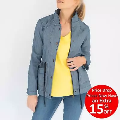 Buy White Stuff Womens Denim Jacket Pinstripe Layla Blue Zip Up Drawstring Relaxed • 28.01£