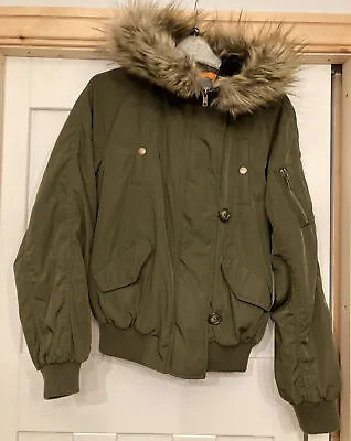 Buy Teens Ladies PRIMARK Khaki Green Faux Fur Hooded Bomber Jacket Size 2 XS 4-6 • 8.99£