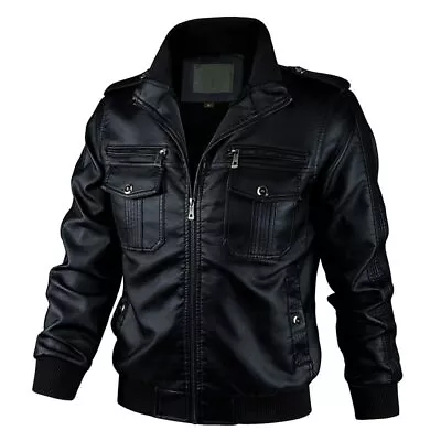 Buy New Men Vintage Bomber Leather Jacket Air Force Retro Flight Faux Leather Jacket • 38.40£