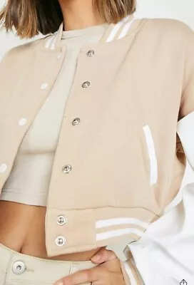 Buy Ladies Size 12 Bomber Varsity Jacket Beige With Contrast White Sleeves • 10£