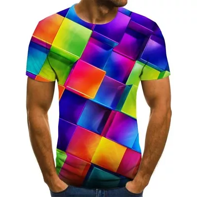Buy Colorful Fashion Striped Men's Short Sleeve T Shirt 3D Print Round Neck (L 3XL) • 11.18£