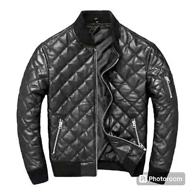 Buy Mens Genuine Leather Quilted Bomber Jacket Black Color Diamonds Style Jacket • 89.99£