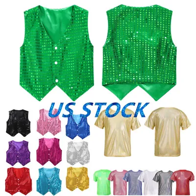 Buy UK Kids Girls Shiny Metallic T-shirt Sequins Jazz Carnival Dance Tops Waistcoat • 9.47£