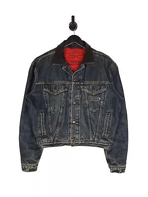 Buy 90's Levi's Denim Jacket Size Large In Navy Lined Trucker Style Leather Collar • 49.99£