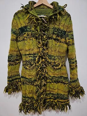 Buy 100% Wool Nepal Baja Hoodie Cardigan Cable Knit Earth Green Brown Women's Medium • 158.10£