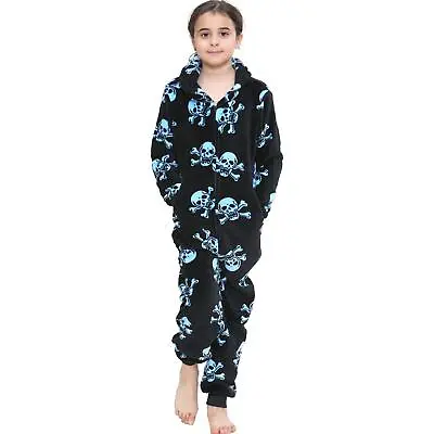 Buy Kids Girls Boys Fun Skull Print A2Z Onesie One Piece Black & Blue Pyjama Sets  • 12.99£