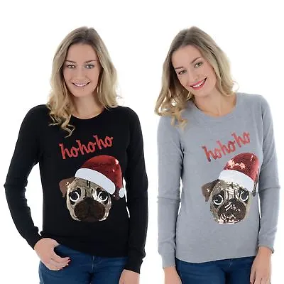 Buy Ladies Womens Novelty Sequins Santa Pug HO HO HO Xmas Christmas Jumper Sweater • 15.99£