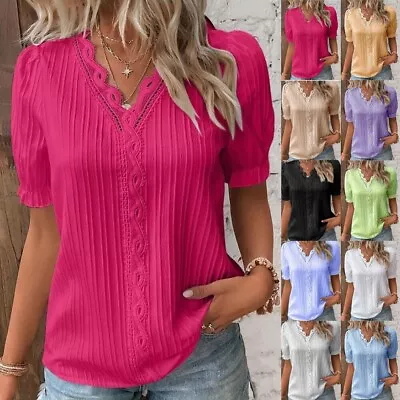 Buy Womens V Neck Summer Ladies T-Shirt Blouse Short Sleeve Tops Pullover Plus Size • 6.99£