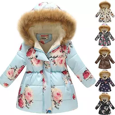 Buy Kids Girls Winter Hoodies Coats Padded Warm Jacket Fur Hooded Parka Cotton Coat • 18.59£