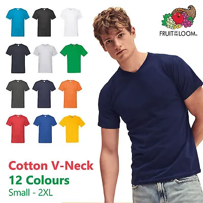 Buy Fruit Of The Loom Mens V Neck T Shirt Plain Casual Work Cotton Tee Top 61066 SS7 • 5.49£