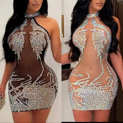 Buy Sexy Womens Sequins Bodycon Ladies See-through Evening Cocktail Club Mini Dress • 3.49£