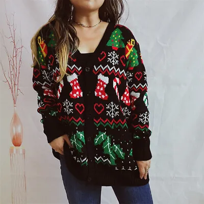 Buy Women Ladies Christmas Print Knit Sweater Button Long Sleeves Grandad Cardigan • 21.99£