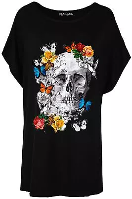 Buy Womens Ladies Oversized Colourful Flowers Skull Turn Up Cap Sleeve Baggy T Shirt • 4.09£