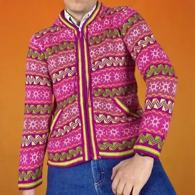 Buy Vintage Hippy Knitted Cardigan Funky Retro Boho Striped Tribal Peruvian Hoodie • 32£