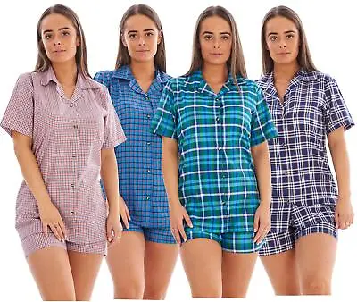 Buy Ladies Yarn Dyed Woven Pyjama Set Shorts Regular Big Size Checkered Cotton Blend • 9.95£
