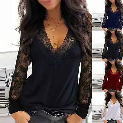 Buy Womens Lace V-Neck Blouse Tops Gothic Sexy Long Sleeve Casual Loose T Shirt 6-14 • 9.69£
