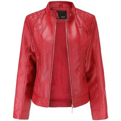 Buy Women Faux Leather Biker Jacket Ladies Stand Collar Zip Coat Outwear UK • 26.39£