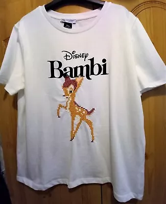 Buy Zara Disney White T-shirt Tee Bambi Cross Stitch Embroidery Size L Large Bnwt • 14£