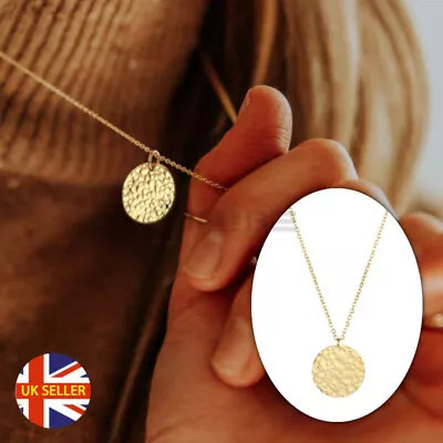 Buy Simple Casual Hammered Circle Coin Disc Pendant 18K Gold Plated Necklace Jewelry • 3.99£
