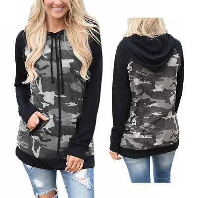 Buy Womens Camouflage Hoodie Ladies Hoody Long Sleeves Zip Sweatshirt Plus Size 6-30 • 20.99£