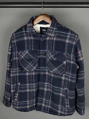 Buy Men’s XL Zara Blue Check Sherpa Fleece Lined Heavyweight Shirt Jacket Coat Euc • 19.99£