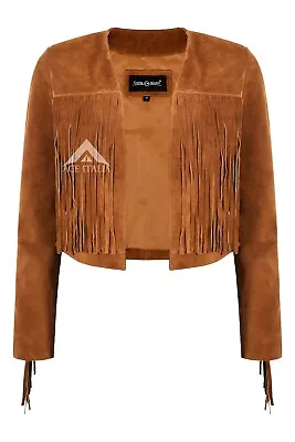Buy Women’s Fringe Western Short Body Leather Jacket Tan Cow Suede Vintage 90s Style • 72£