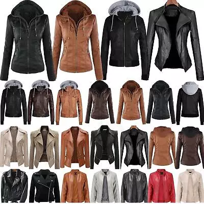 Buy Women Ladies Faux Leather Hooded Jacket Biker Jackets Coat Slim Fit Outwear Top* • 24.40£