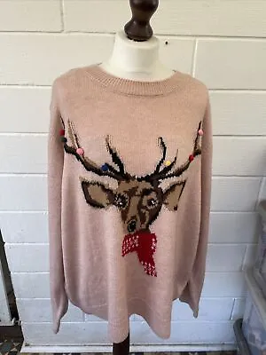 Buy Principles Christmas Jumper Size 24 New With Tags Deer/stag Pink Festive Fun • 24.99£