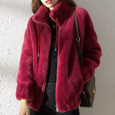 Buy Womens Fleece Fluffy Stand-up Collar Coat Ladies Plain Zip Up Pocket Jacket Tops • 11.99£