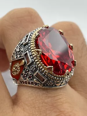 Buy Men Authentic Ottoman Style 925 Sterling Silver Ring Gift For Him Simulated Ruby • 52.92£
