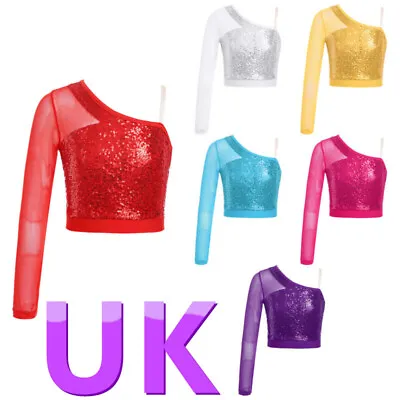 Buy UK Kids Girls Shiny Sequins Dance Crop Tops Long Sleeve One Shoulder T-Shirt Top • 11.99£