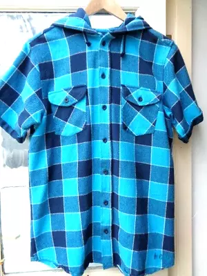 Buy Lee Cooper Blue Checks Casual Short Sleeve Hoodie Cotton Shirt  S • 3.99£