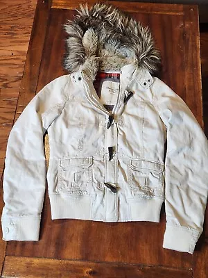 Buy Abercrombie & Fitch Flannel Lined Bomber Field Jacket Large Beige Fur Trim Hood • 47.25£