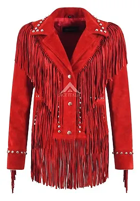 Buy American Women's Western Long Fringes Studded Cow Suede Classic Leather Jacket • 119.99£