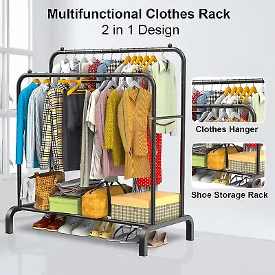 Buy Heavy Duty Metal Double Rail Clothes Garment Hanging Rack Shelf Display Stand UK • 16.99£